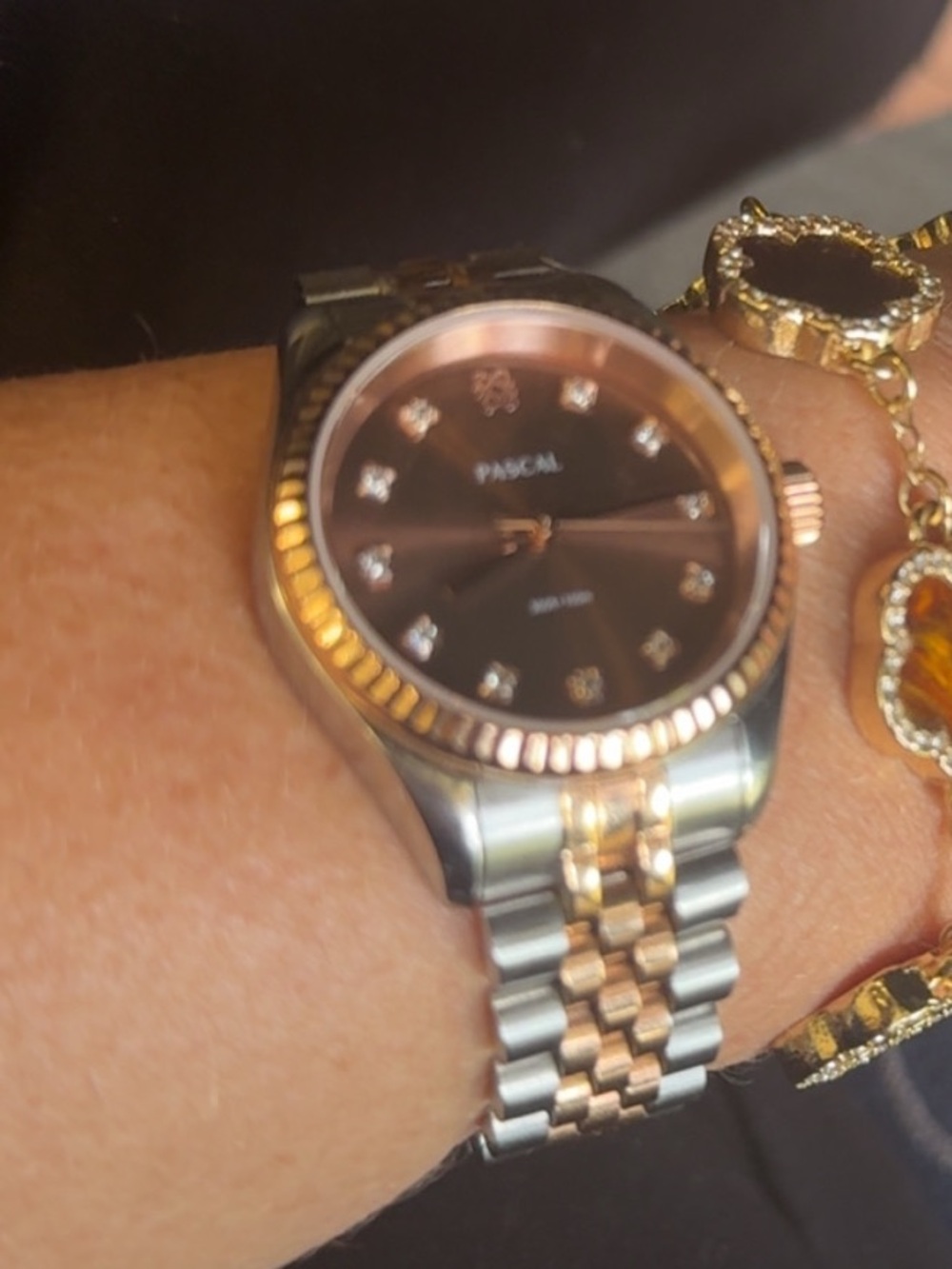 Pascal watch Two-Tone Women's Bracelet Watch with Gold Flower Charm Bracelet